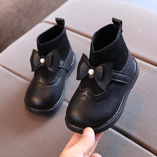 Soft-soled faux leather and knitted cotton boots for little girls