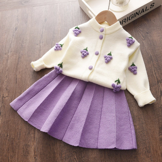2-piece knitted fruit patterned sweater and pleated skirt set for little girls