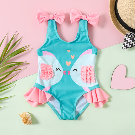 One-piece fish print swimsuit with bows and ruffles for babies