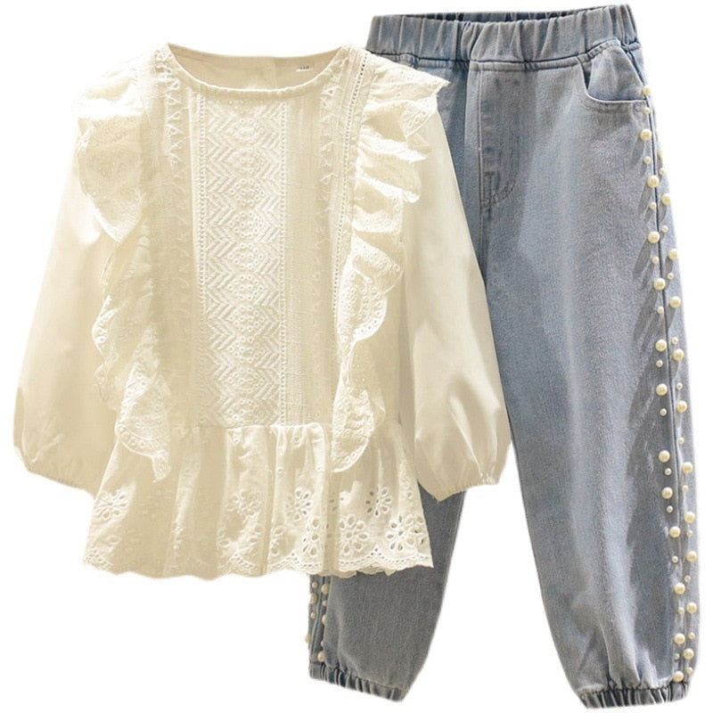 Kids Lace Top and Beaded Jeans Pants 2 Piece Set