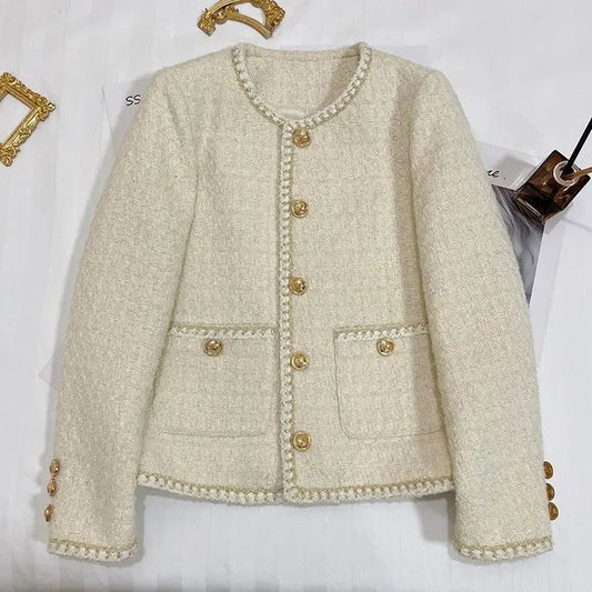 Blazer Tweed beige en laine à col rond pour femmes