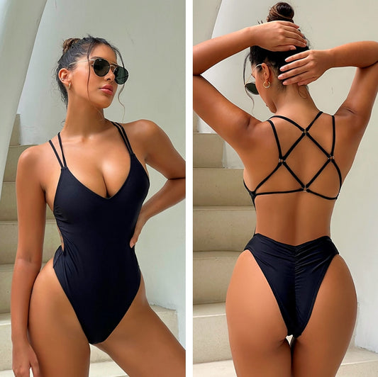 1-piece swimsuit with open back and intertwined straps