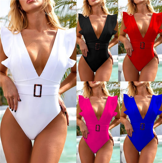 One-piece swimsuit with belt and short ruffled sleeves