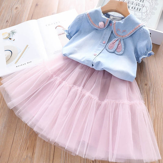 2-piece short-sleeve shirt and tulle skirt set for kids 