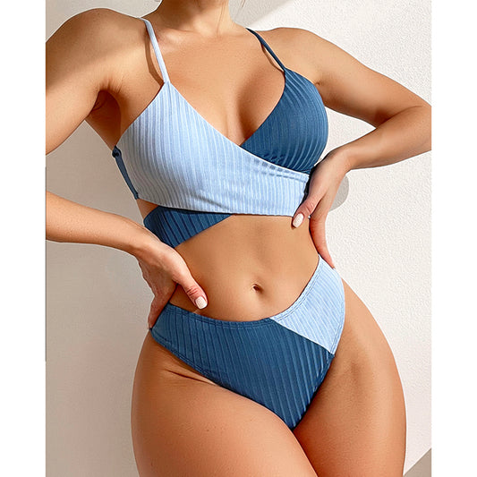 2-piece Brazilian-style swimsuit with ribbed pattern and wrap-over V-neck and high waist