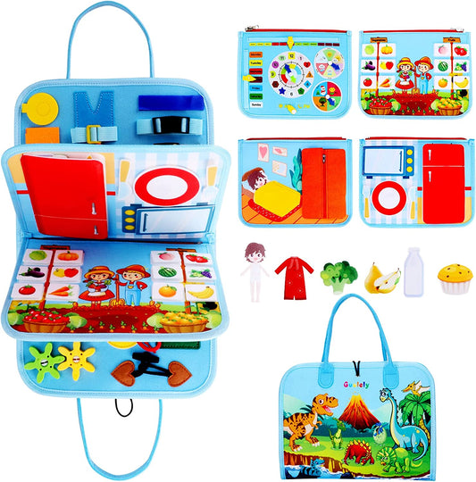 Multi-page busy board with varied stimulating activities for children
